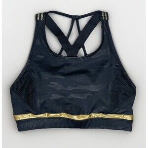 Sam Edelman Camo Fishnet Sports Bra Womens LG Black Gold Strappy Sexy Padded Gym
